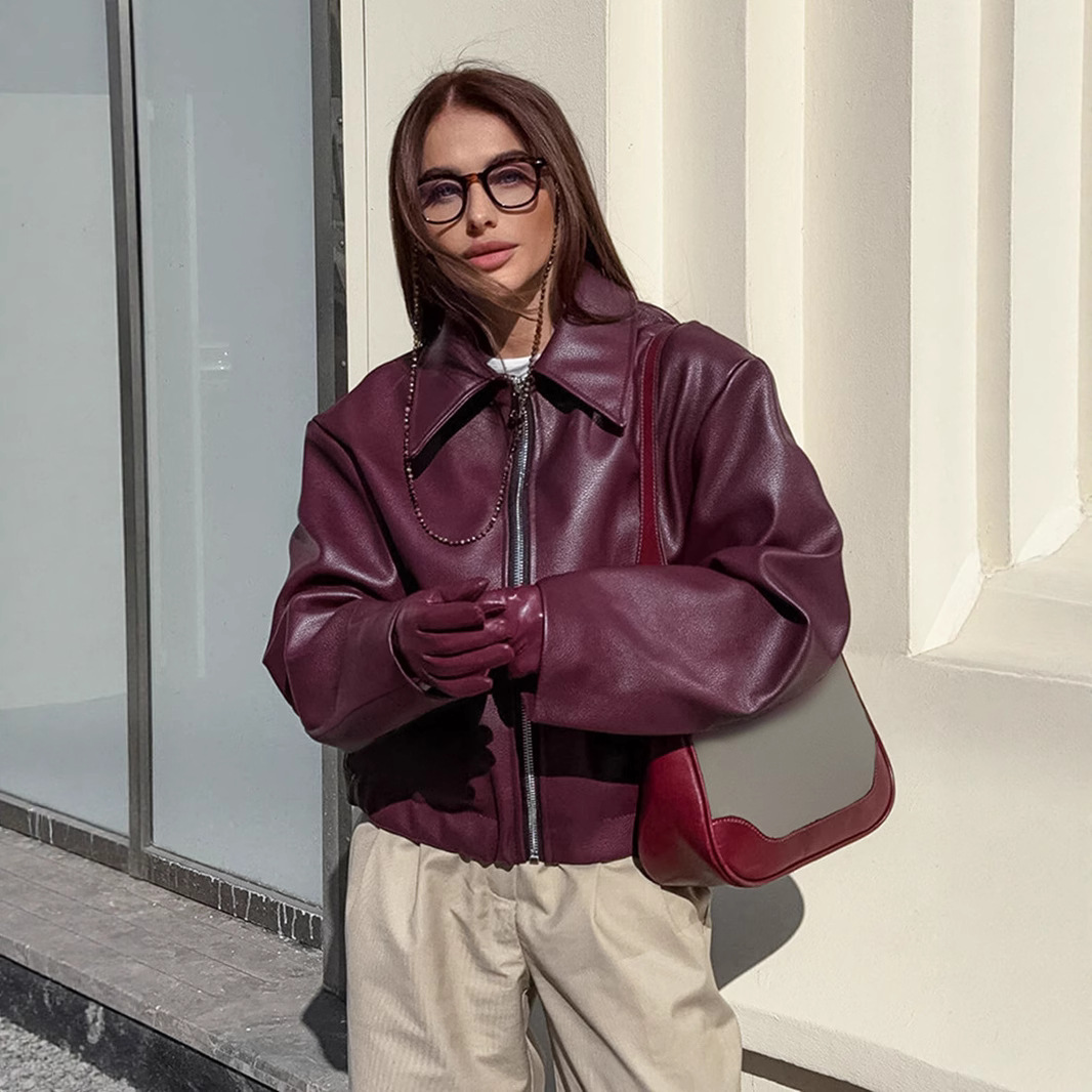 Vintage motorcycle style wine red leather women's 2025 autumn European and American fashion matte leather jacket coat cross-border women's clothing