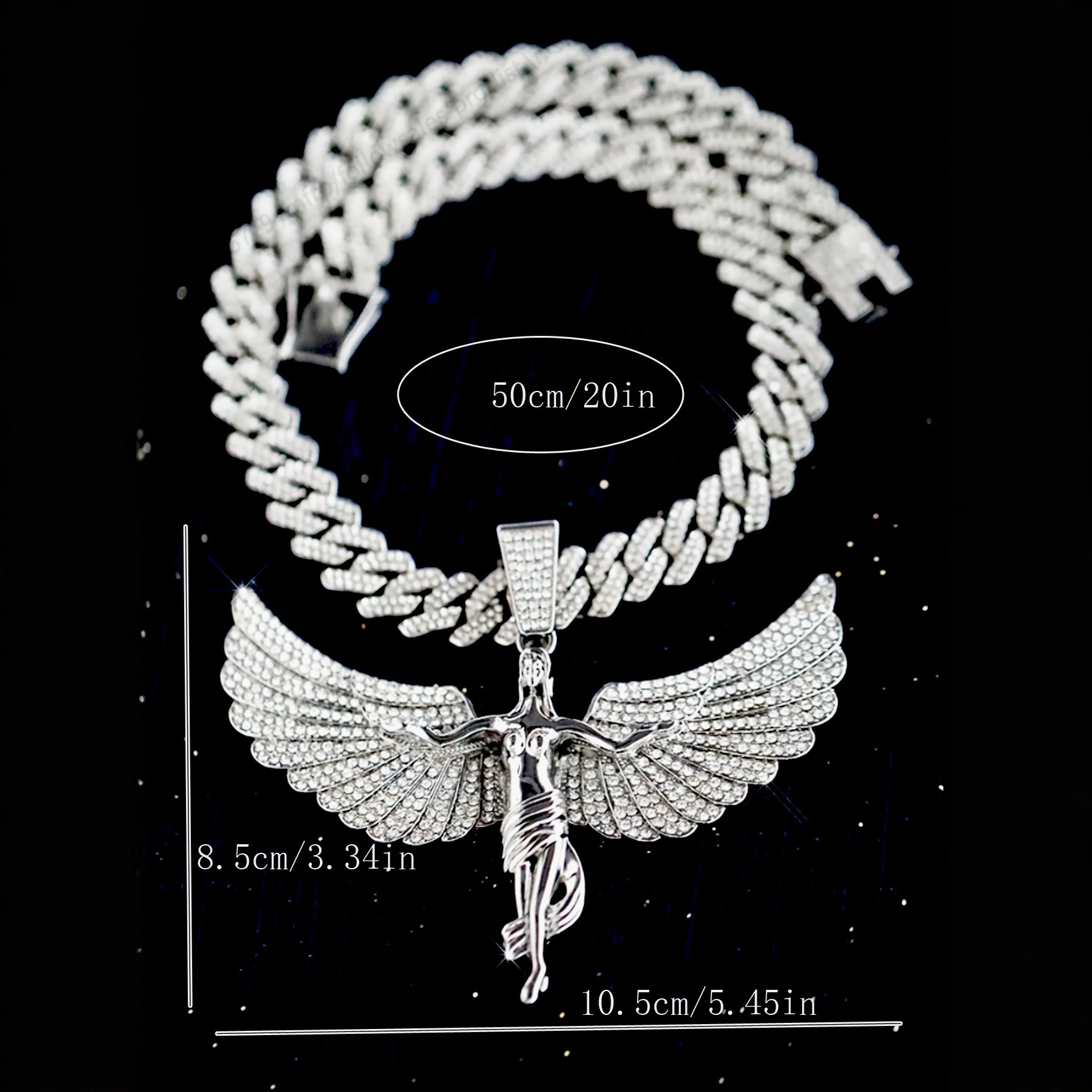 Ángel de diamante ligero y de lujo europeo y americano con alas de aleación de zinc colgante grande personalidad hip-hop rap simple collar de viento neutro