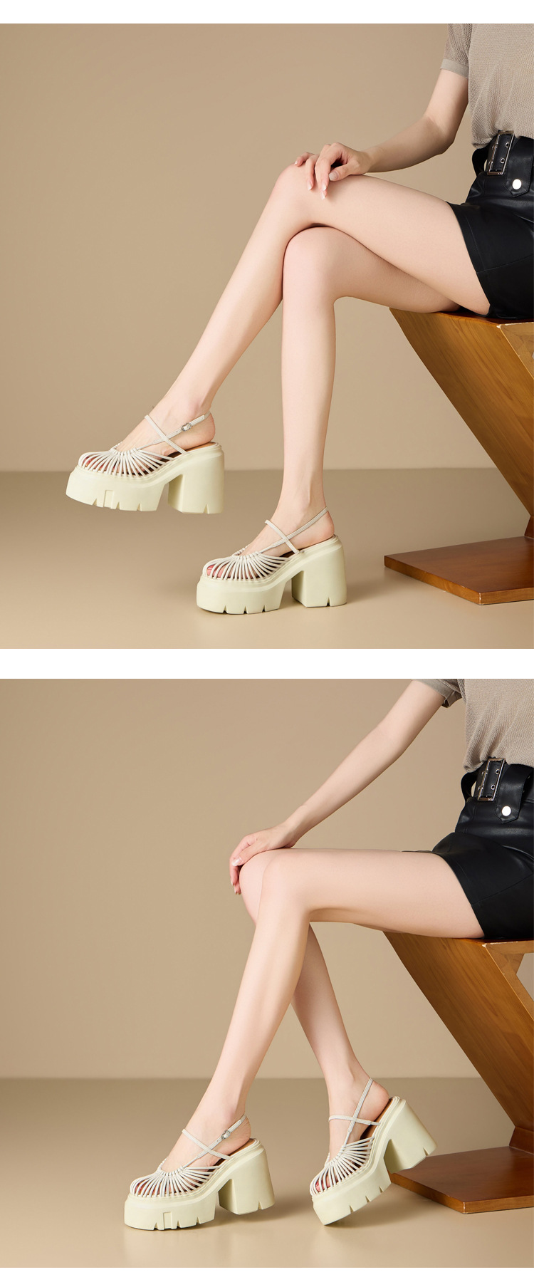 Sandal cao gót nữ quai ngang đan kiểu Pháp, mũi kín, gót 12 cm — màu trắng ngà chi tiết 4