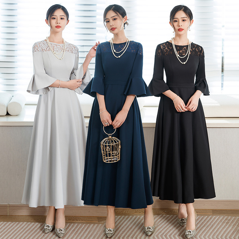 Evening dress Amazon cross-border banquet fashion casual slimming daily wear long flared mid-sleeve ebay dress