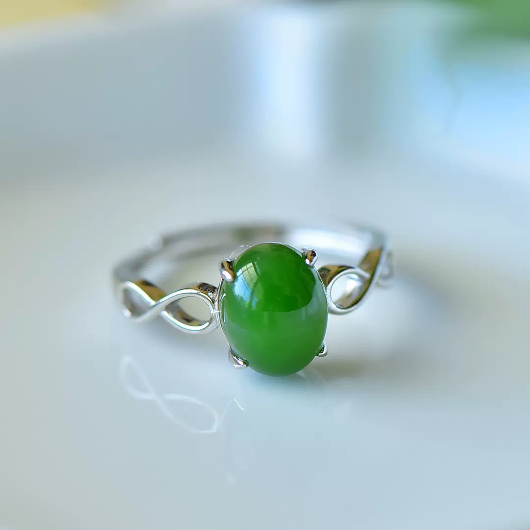 S925银镶嵌【天然和田碧玉戒指】整体尺寸约8*10mm