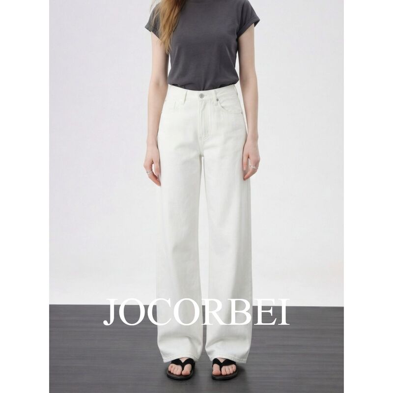 Jocorbei【French Style Relaxed Feel】White High-Waisted Slightly Wide-Leg Jeans for Women, Straight and Loose, 2026 Spring Style