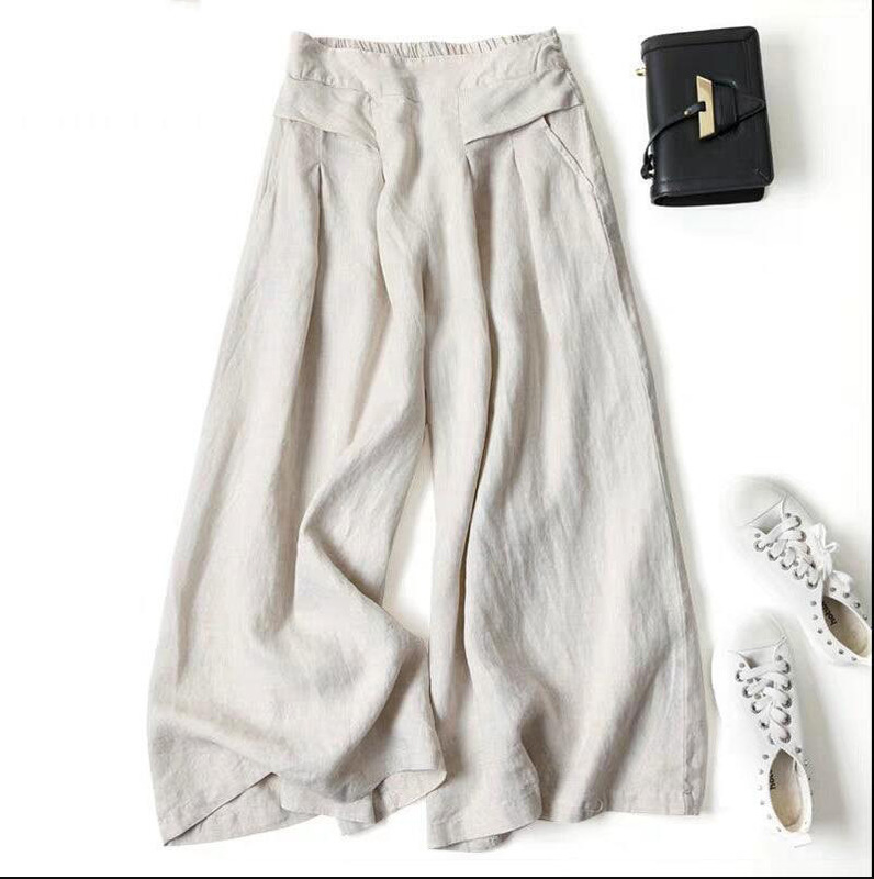 Loose Pendant Artistic Cotton and Linen Wide-leg Culottes 2025 Summer Women's Half-elastic High Waist Thin Slimming Ankle-length Pants
