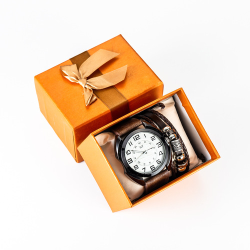 New men's fashionable simple belt quartz watch + bracelet set-2pcs/set dropshipping