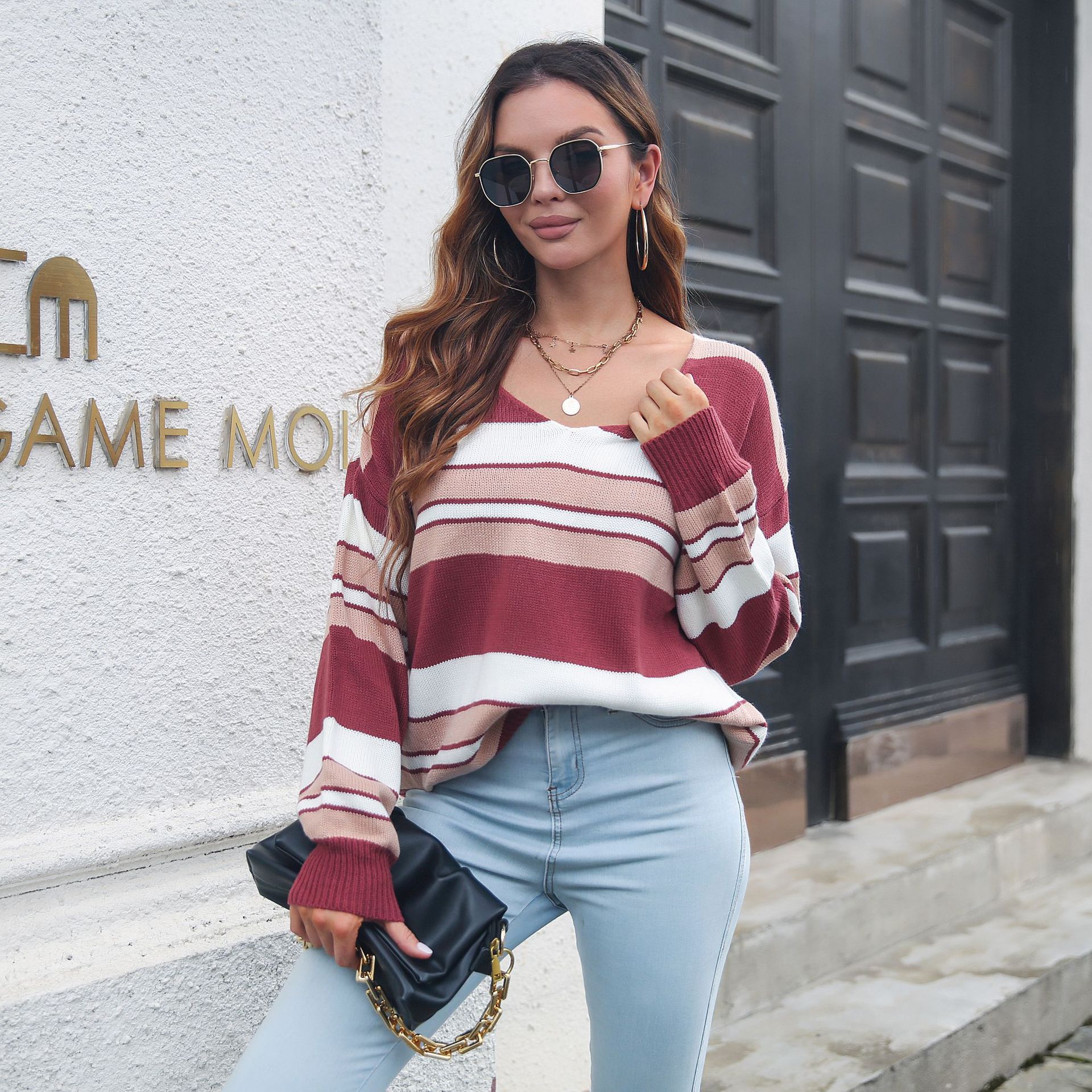 Striped Gradient Color V neck Long Sleeved Women Loose Autumn Winter Knitwear Sweater 16 Striped Gradient Color V neck Long Sleeved Women Loose Autumn Winter Knitwear Sweater