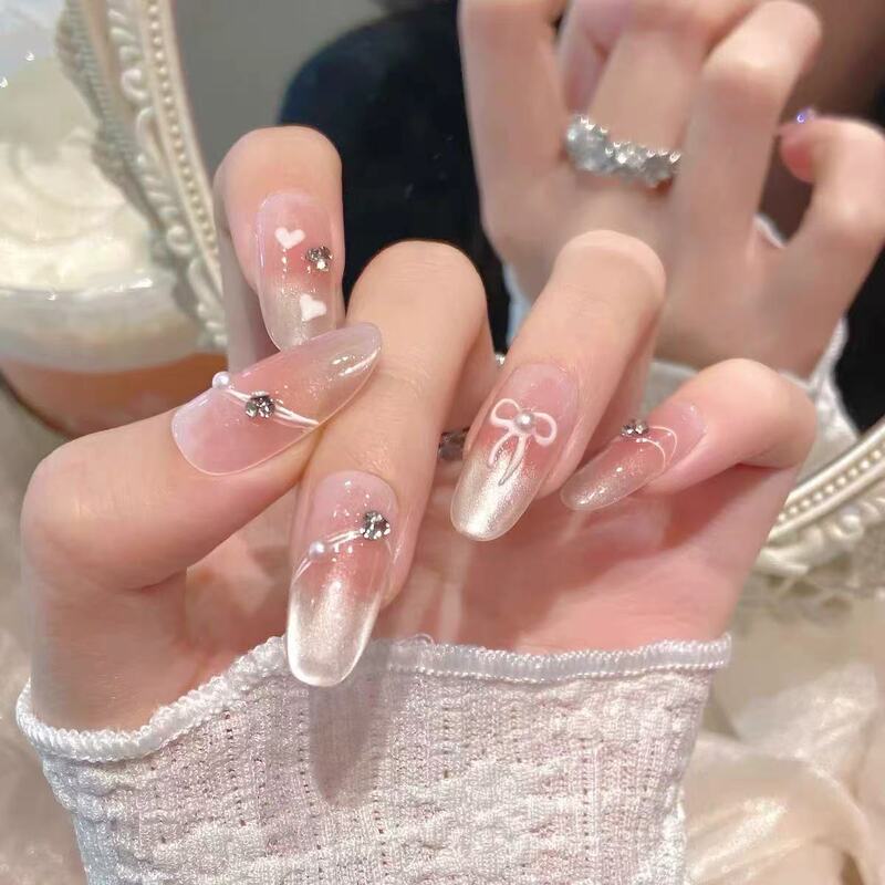 Sweetheart Manicure Wearable Nails French Style Elegant Cat Eye Nails Socialite Style Removable High-End Semi-Handmade Whitening Nail Stickers