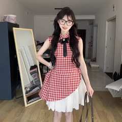 カレッジスタイルの赤いチェック柄のケーキふわふわドレス女の子の誕生日スカート甘い気質ウエスト痩身ベストドレス
