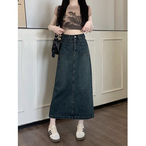 Plus Size Retro Slit Denim A-Line High-Waist Hip-Hiding Skirt for Pear-Shaped Figures - 2025 New Arrival Medium-Length Dress