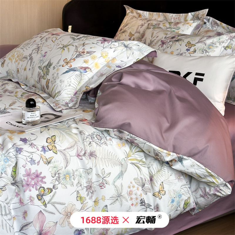 60支新疆长绒棉数码印花四件套100全棉纯棉贡缎丝滑被套四季款