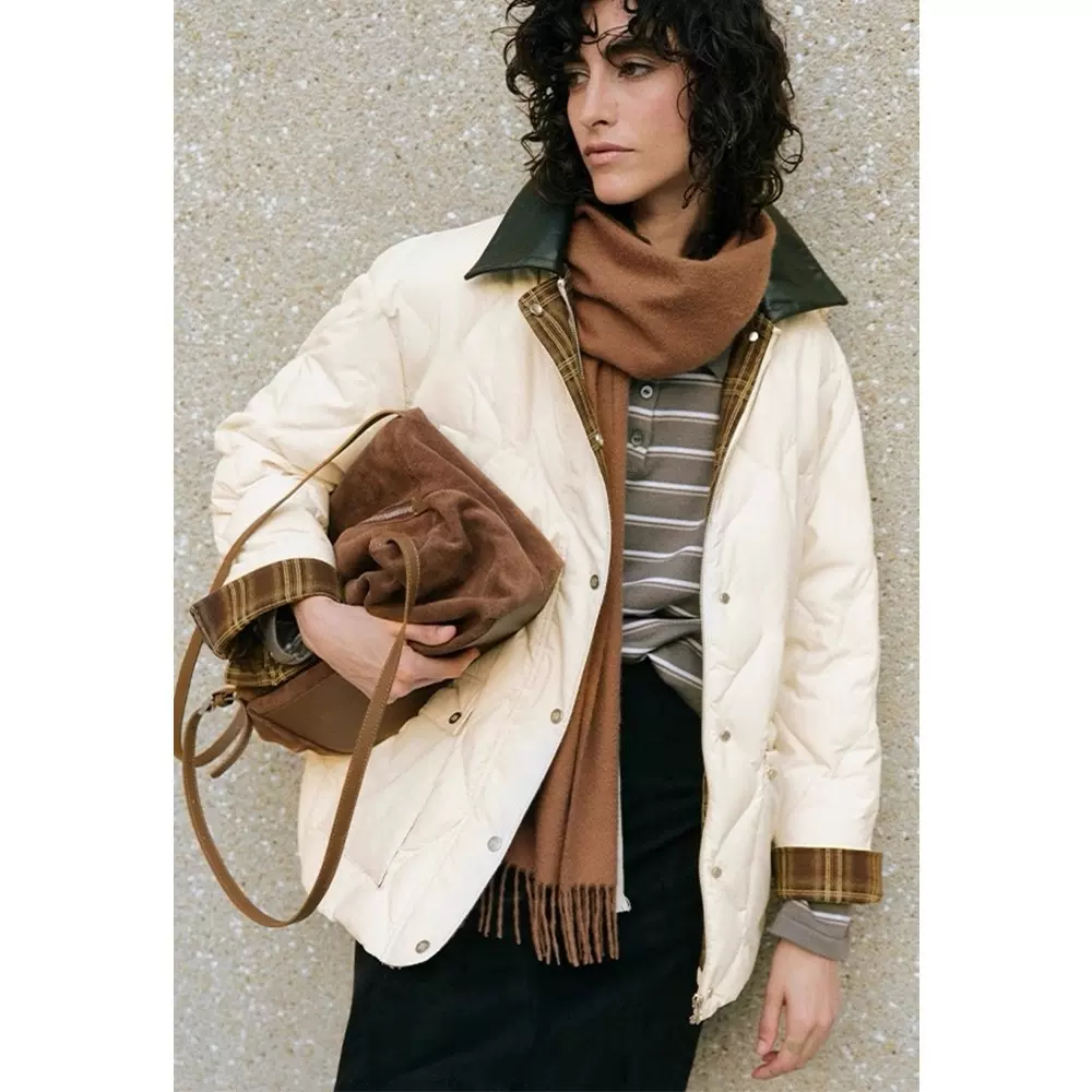 四媛 复古工装拼皮领菱格绗缝羽绒服25冬季新款宽松休闲通勤外套