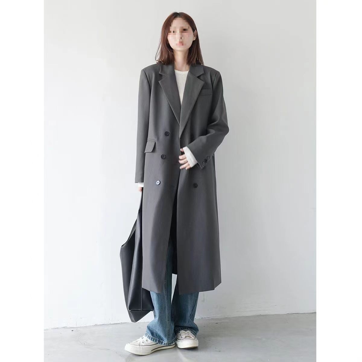 Gray Trench Coat, Extended Blazer-Style Trench Coat for Women, New Autumn and Winter Trendy British Retro Coat