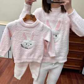 儿童粉色兔子外穿家居服半边绒兔卡通加厚睡衣套装批发可爱可外穿