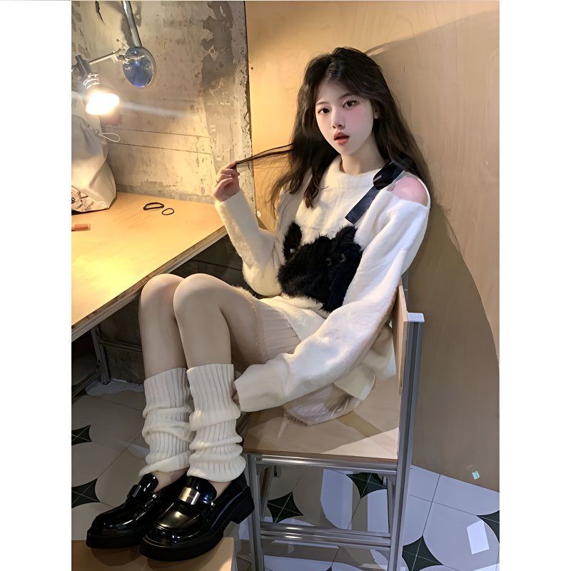 慵懒fufu甜美露肩设计小猫毛衣女新款学生秋冬宽松针织衫上衣