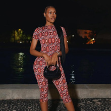 欧美2025夏季新款女装时尚街头个性印花圆领短袖紧身七分裤连体裤