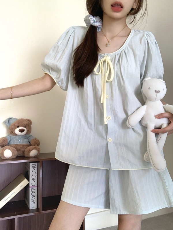 女性のためのパジャマ夏クラウドコットン 2025 新しいスタイル甘くてかわいい韓国スタイルの半袖ショーツホームウェアセット胸パッド付き|undefined