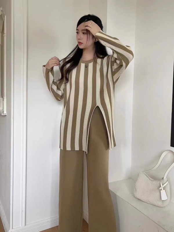 跨境欧美设计感竖条纹圆领开叉针织衫上衣高腰阔腿长裤时尚两件套|undefined