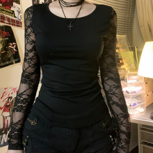 欧美风蕾丝拼接性感透视露背短上衣辣妹圆领修身百搭显瘦打底长袖