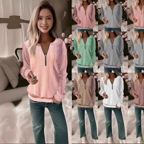 2024 European and American Cross-border Amazon Independent Station Autumn and Winter New Women's Long Sleeve Solid Color V-neck Zip T-shirt Top