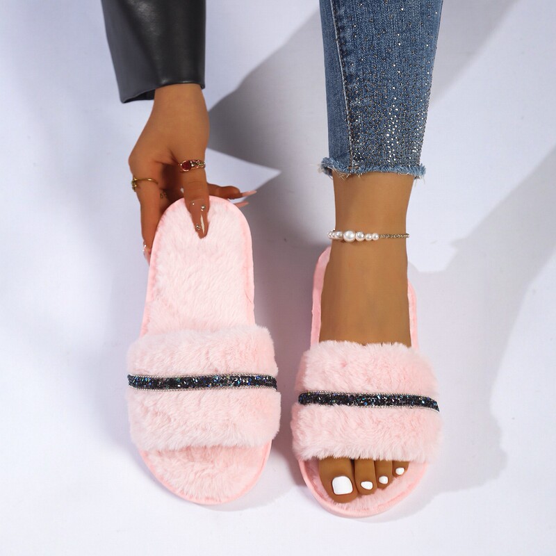 Supports Quick Purchase of Bright Pink Furry Slippers, Women's Open-Toe Plush Slippers, Temu Shein Cross-Border E-Commerce