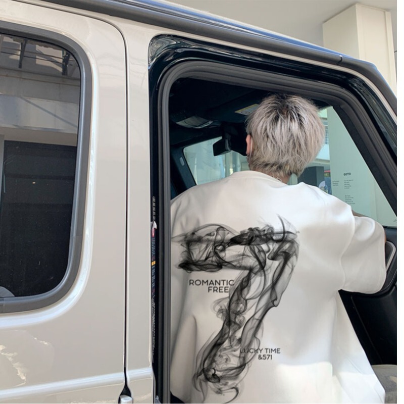 100% Cotton 220g Trendyy Smoke Digital 7 Five-Quarter Sleeve T-Shirt Men's Loose Casual Five-Quarter Sleeve T-Shirt for Teenagers