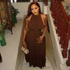 European and American Style Ins Cross-Border Trendy Women's A-Line Dress with Waist-Slimming Fit, Round Neck, Sleeveless, Solid Color Long Gown