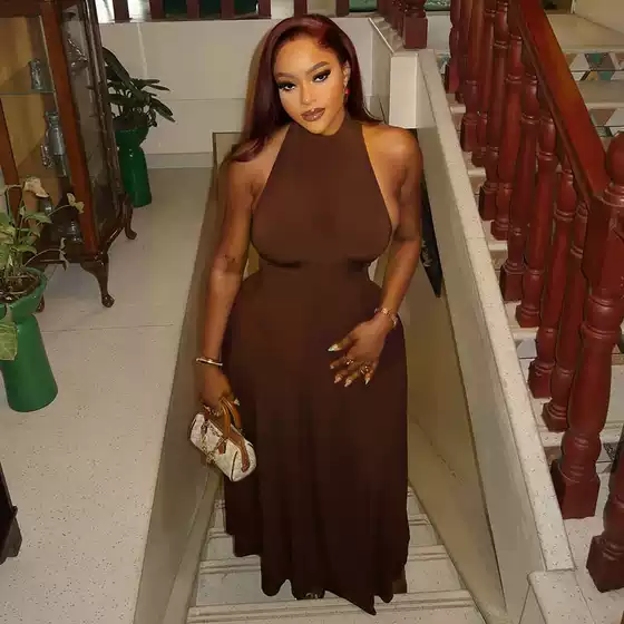 European and American Style Ins Cross-Border Trendy Women's A-Line Dress with Waist-Slimming Fit, Round Neck, Sleeveless, Solid Color Long Gown