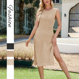 女装2026新款春夏欧美跨境亚马逊针织衫连衣裙纯色中长款圆领无袖