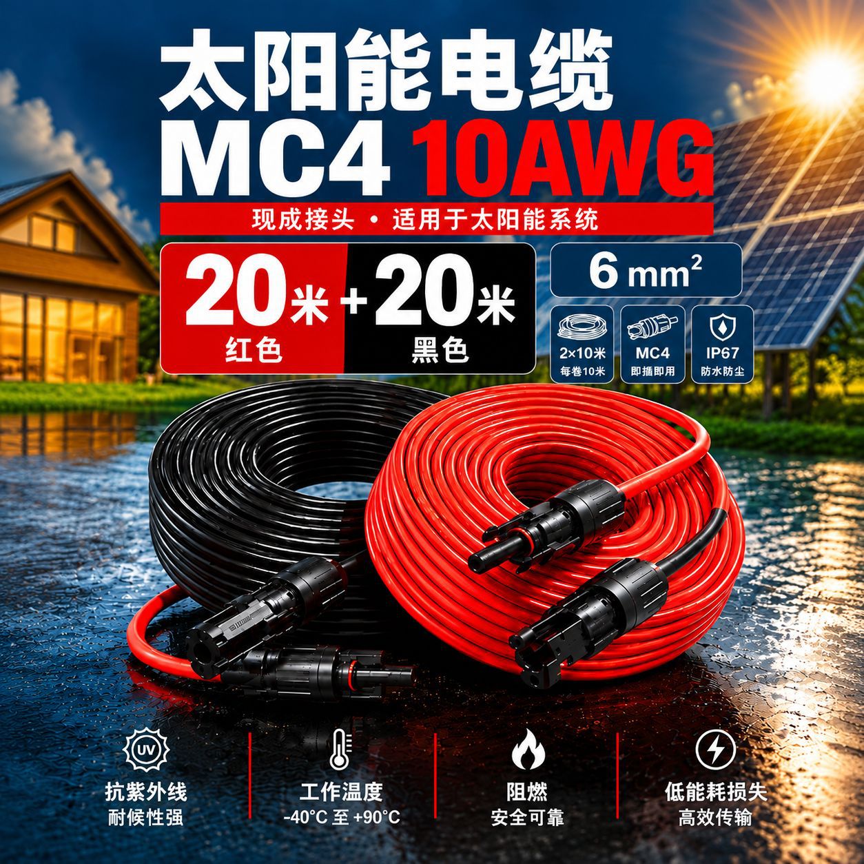 Günəş paneli üçün uzadıcı DC kabel, 10AWG, MC4 konnektorlu