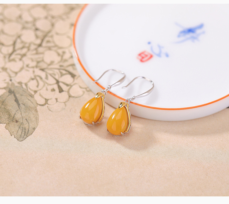 Bông tai dáng giọt nước bạc S925 mạ vàng đính đá hổ phách phong cách Tân Trung Hoa — Màu hổ phách chi tiết 4