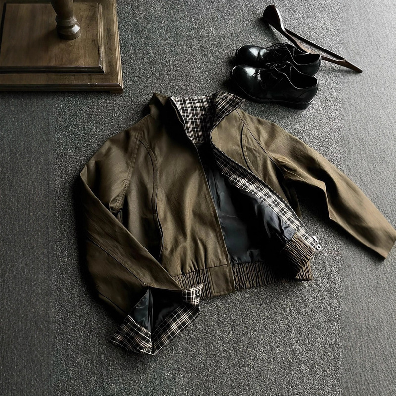 Niche Plaid Splicing Short Brown Jacket Men's Winter High-End Cleanfit Workwear Harrington Jacket