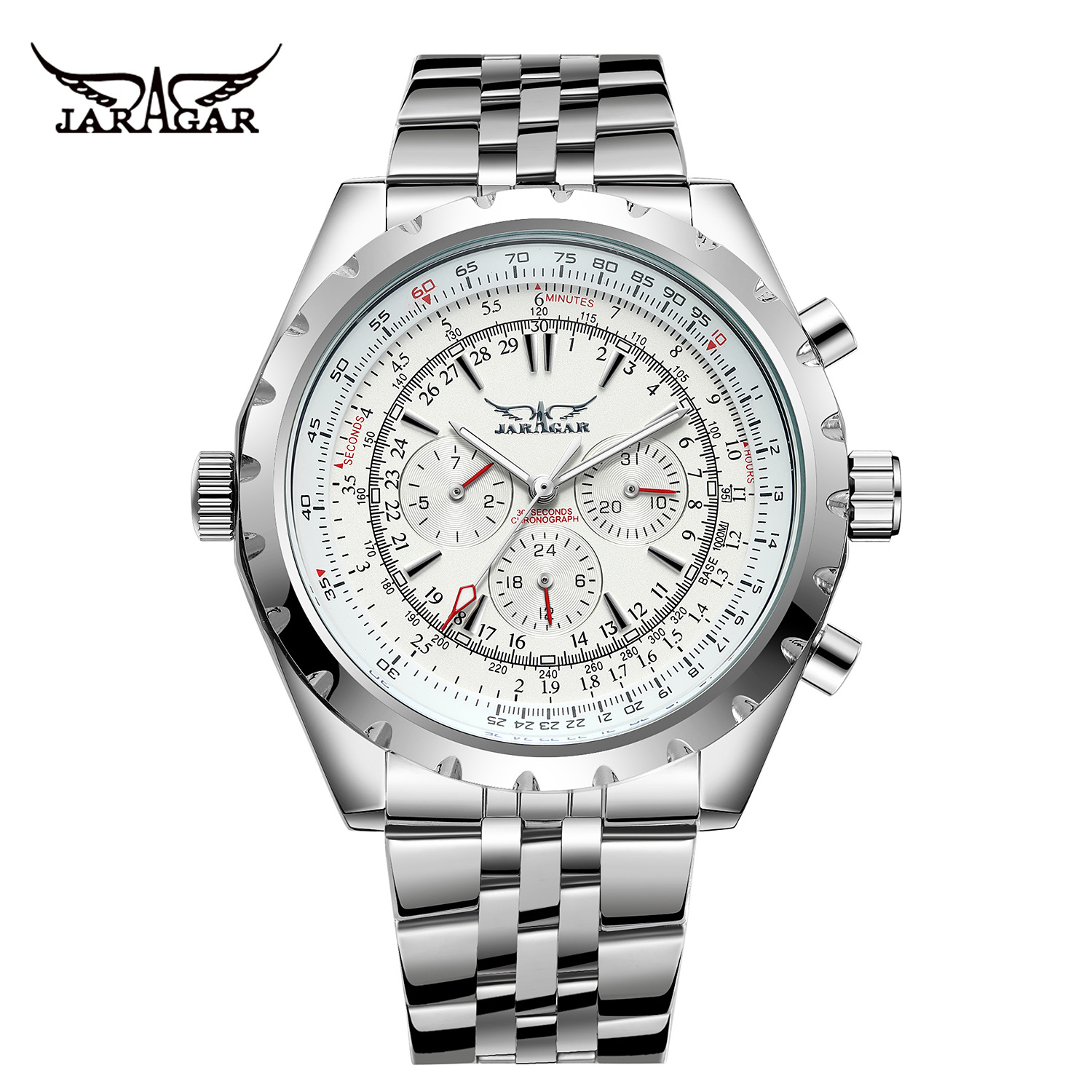 JAG6905M4S1 nuevo mecánico automático de seis pines correa de acero de moda reloj personalizado a prueba de agua de los hombres