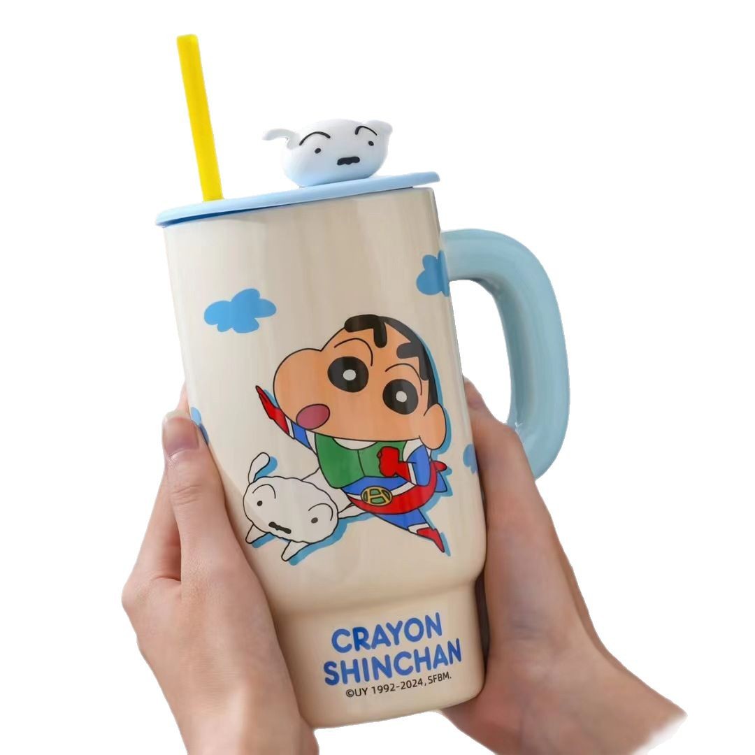 Taza de crayón Shin-chan de gran capacidad, personalidad creativa, linda taza de agua con pajita con tapa, regalo