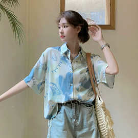 韩版小清新短袖衬衫女夏新款POLO领扎染涂鸦设计感小众休闲上衣潮