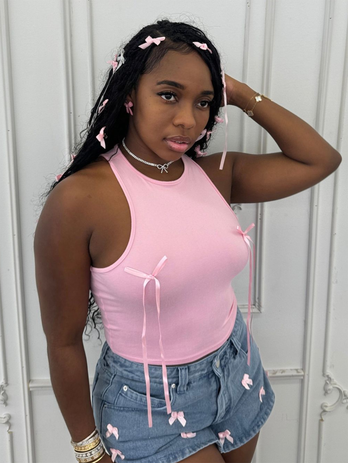 European and American New Cross-Border Fashion Slim Stretch Solid Color Sweet Bow Street Sexy Short Top Vest for Women