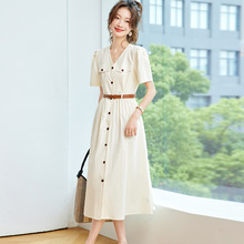 文艺范儿收腰显瘦通勤中长裙子女2025年夏季新款V领气质连衣裙女