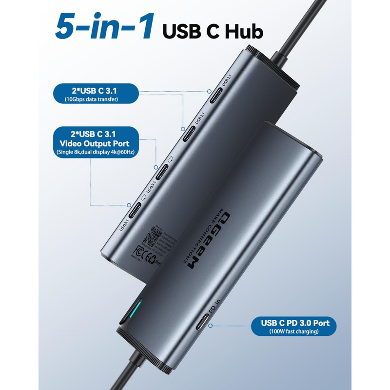Type C Hub Qgeem 5 in 1 Data Transmission Mobile Phone Computer Projection Screen Tv Dp+2*Type C Projection Screen