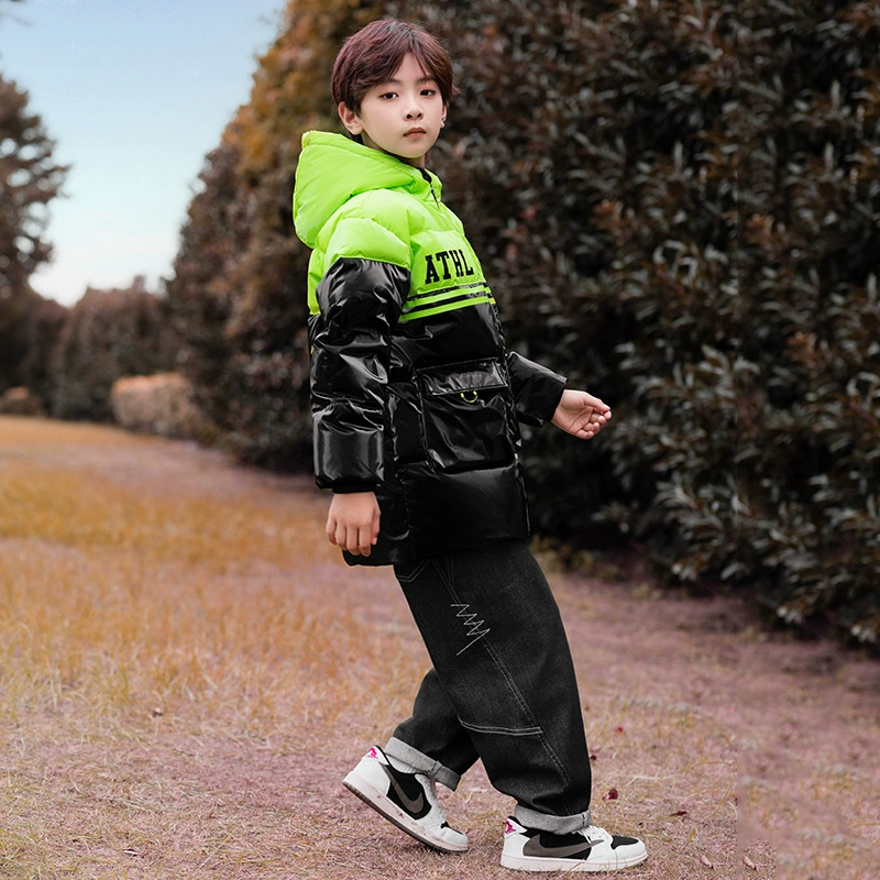 Children's down jacket, long flower boy costume, warm jeans, uniform, mid-length, Korean style, children's clothing, for teenagers
