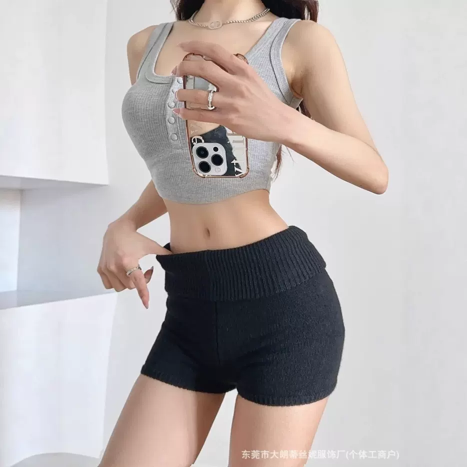 辣妹纯欲风低腰针织坑条包臀短裤美式辣妹家居服睡裤显瘦弹力热裤