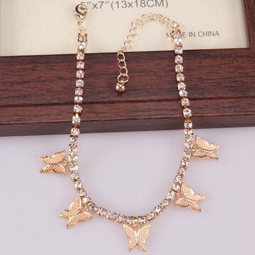 Cross-border hot selling creative rhinestone butterfly anklet simple temperament claw chain tassel foot decoration fashion beach jewelry wholesale
