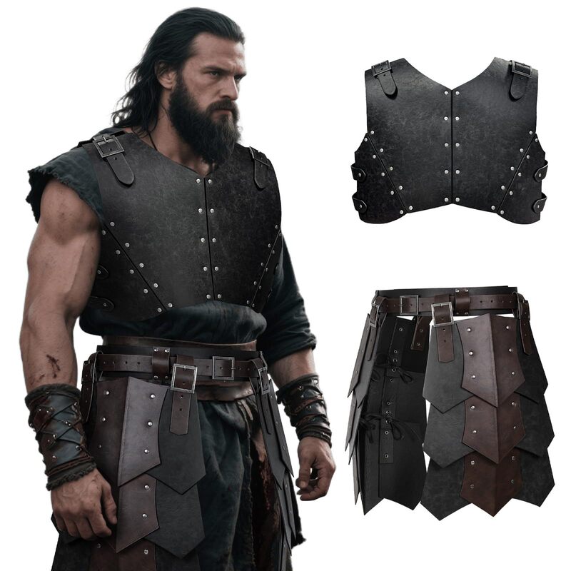 Vintage Leather Shoulder Pads and Waist Skirt Set, Ancient Roman Gladiator Armor, Larp Renaissance Costume Accessories Wholesale