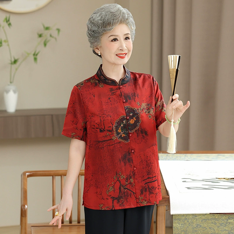 Элегантный летний наряд для пожилых женщин, рубашка с короткими рукавами для свадебного банкета, традиционный китайский костюм Тан для бабушек среднего и пожилого возраста, топ с воротником-стойкой.