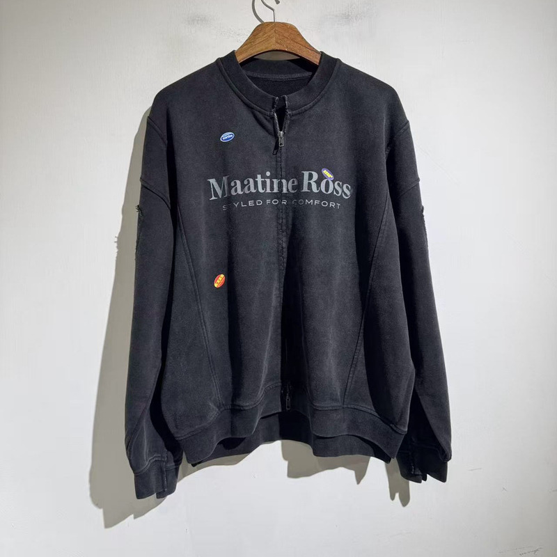 Aw Washed Letter Distressed Printed Jacket New Stand Collar Zipper Cardigan Trendy Brand Men's and Women's Wide Version Sweatshirt Jacket Aw Washed Letter Distressed Printed Jacket New Stand Collar Zipper Cardigan Trendy Brand Men's and Women's Wide Version Sweatshirt Jacket