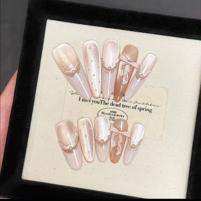 High-End French-Style Heavy-Duty Handmade Wearable Nails, Pink Temperament Cat-Eye Handmade Whitening Light Luxury Detachable Nail Patches