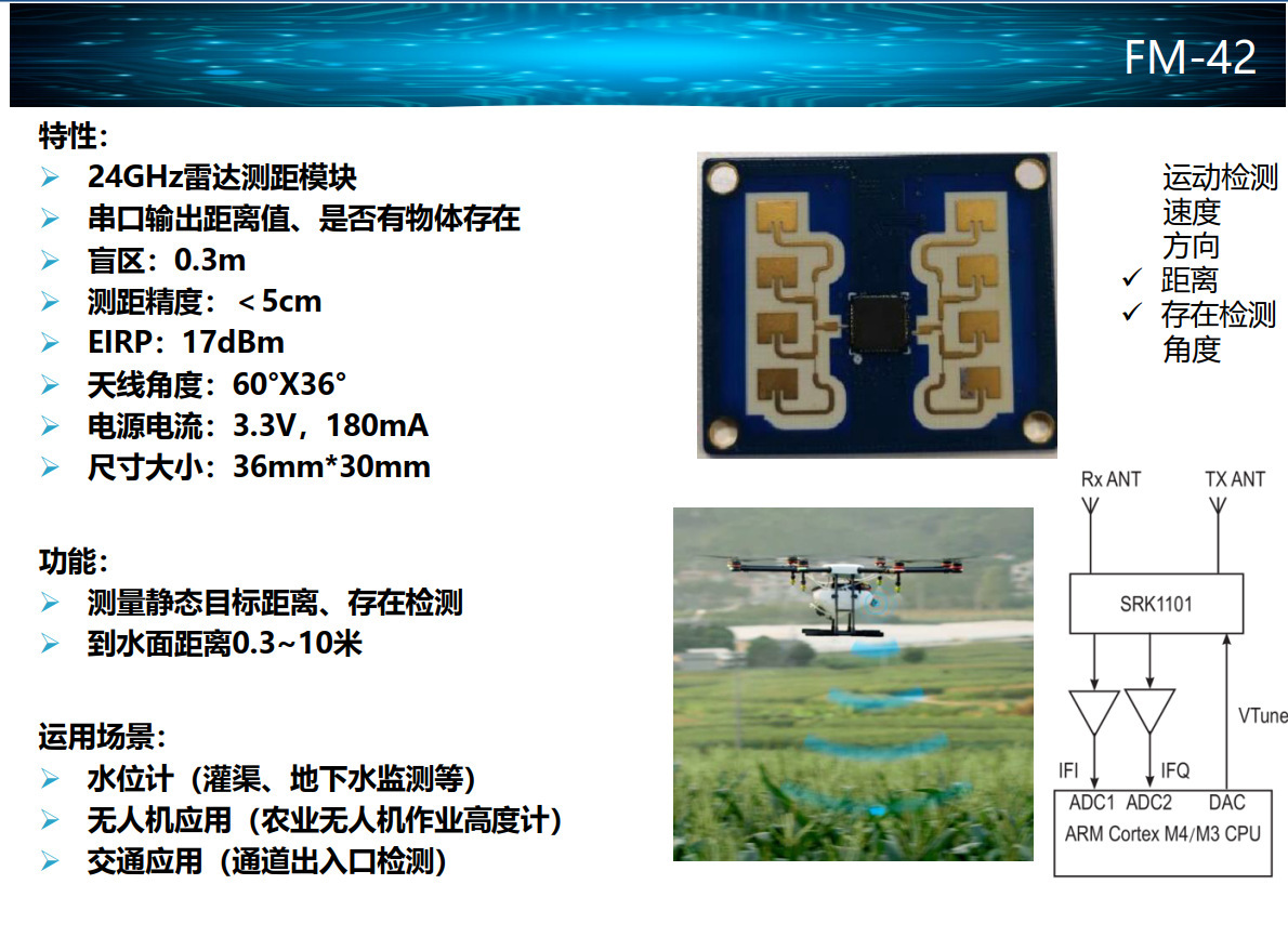 24G微波雷达模块FM-42适合工业水位计植保无人机交通应用等