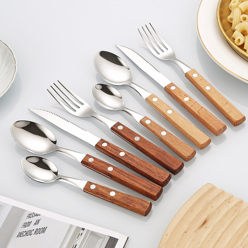 Clamp handle knife, fork and spoon 304 stainless steel four-piece set Japanese rosewood beech steak knife and fork Western tableware set