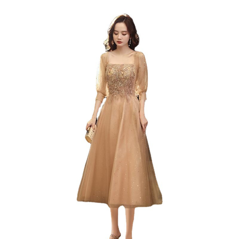 Vestido de Noche Color Champán para Banquete, Nuevo Modelo Otoño 2025, Elegante Vestido de Manga Larga para Presentadora o Actuación