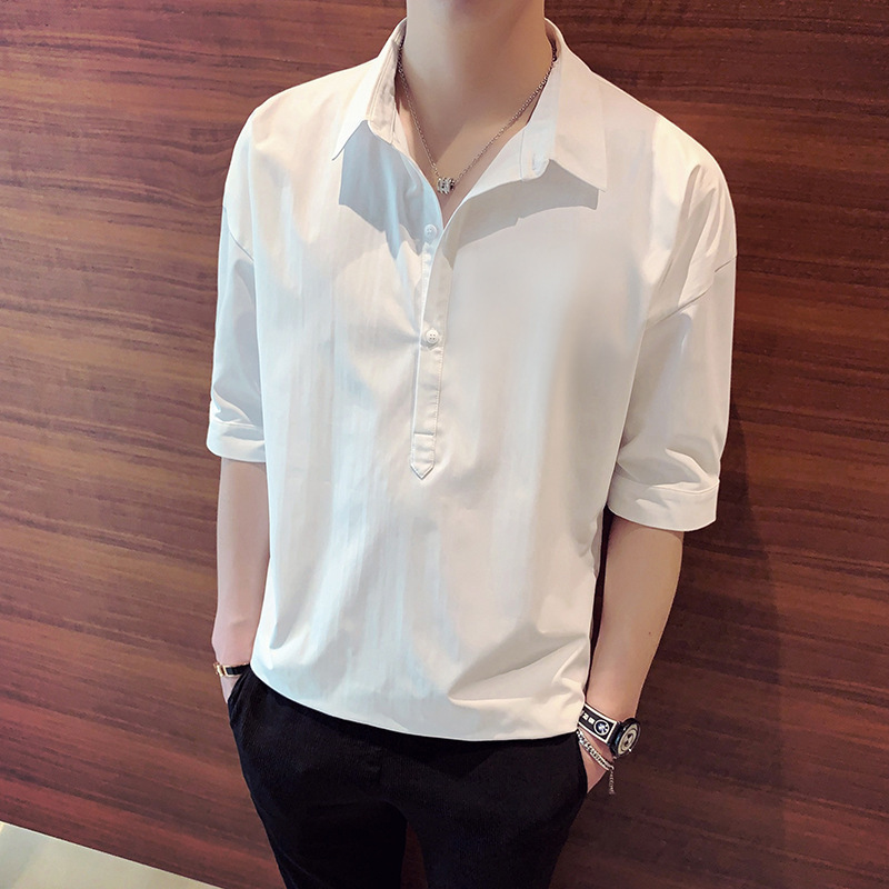Ice Silk Short-sleeVed T-shirt Men's Summer 2024 New Summer Loose Three-quarter Mid-sleeVe Shirt V Neck Trendy Brand polo Shirt