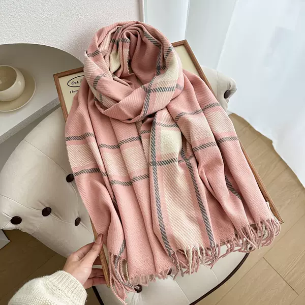 Autumn and Winter Warm and White Scarf for Women Thickeneded Korean Style Atmosphere Scarf Student Imitation Cashmere Plaid Tassel Shawl