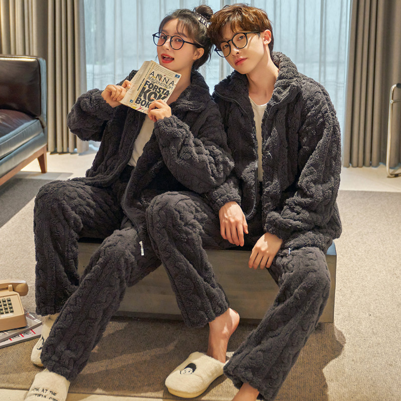 플란넬 커플 잠옷 가을과 겨울 여자의 산호 양털 기모 홈 옷 남자의 겨울 카디건 귀여운 세트