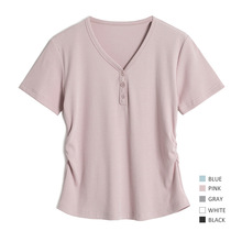 V领三粒扣半门襟·双侧捏褶收腰遮腹·显瘦甜美短袖粉T恤春夏上衣